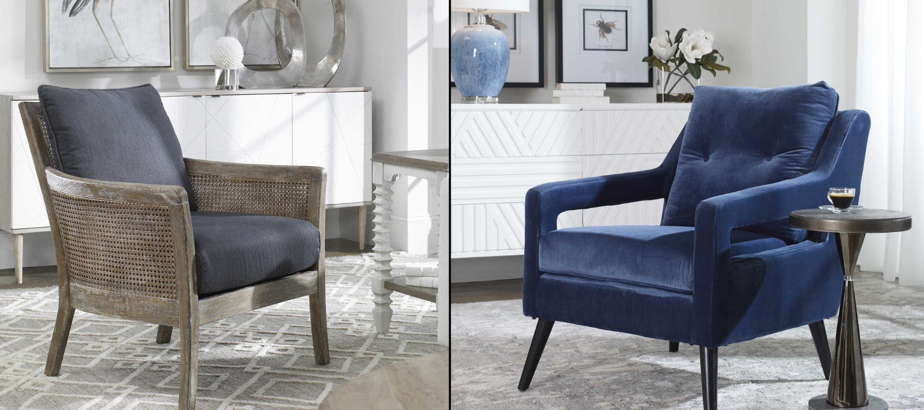 Grey & Navy blue accent chairs in furnished rooms