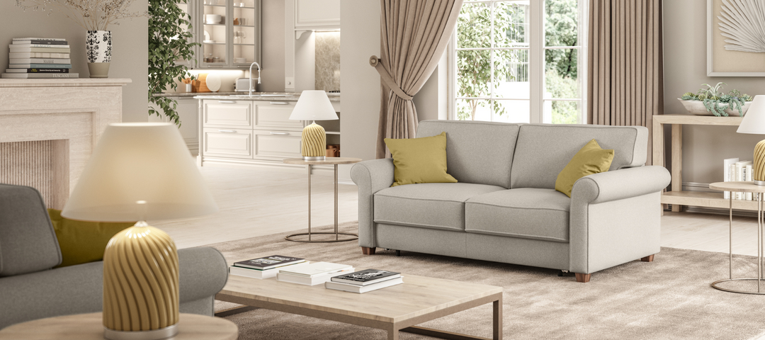 Living room with rug, two seater and views into the kitchen