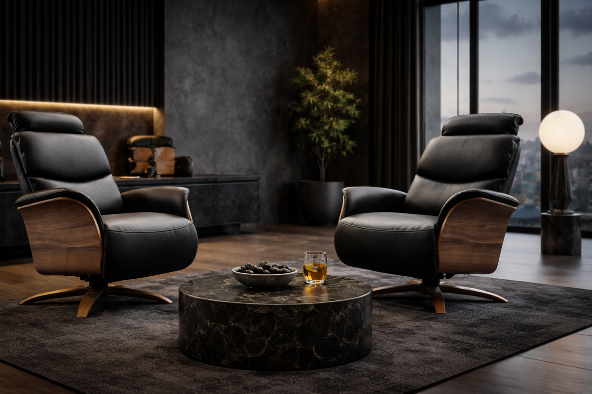 Modern living room with black leather armchairs and a round marble coffee table.