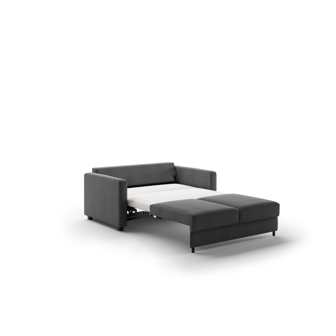 grey Luonto loveseat sleeper sofa in bed position 