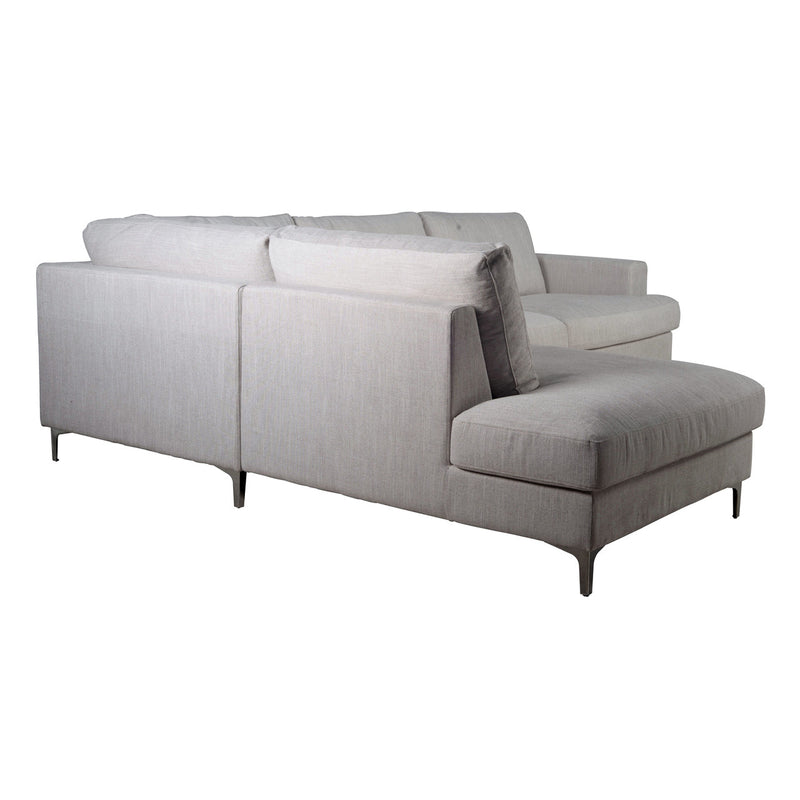 the back of  a Grey Feather Sectional with polished aluminum legs