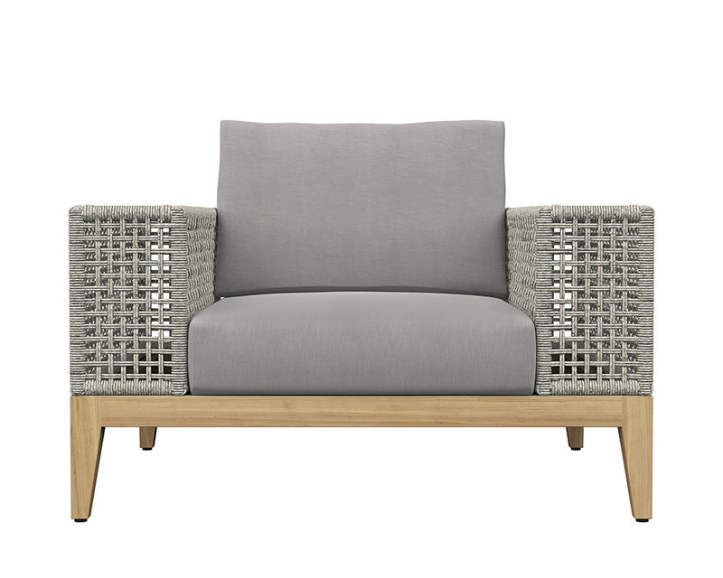 bold armchair from the Outdoor by SUNPAN collection. Features a deep seat in palazzo taupe fabric with wide powder coated aluminum armrests wrapped in a greymix weave. A solid natural teak wood frame completes the design.
