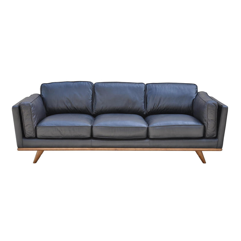 Top Grain dark leather sofa with wooden legs