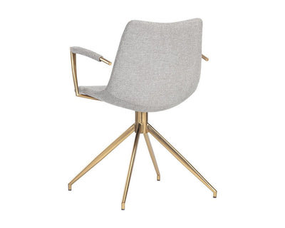 Grey tweed fabric swivel chair with gold accented legs